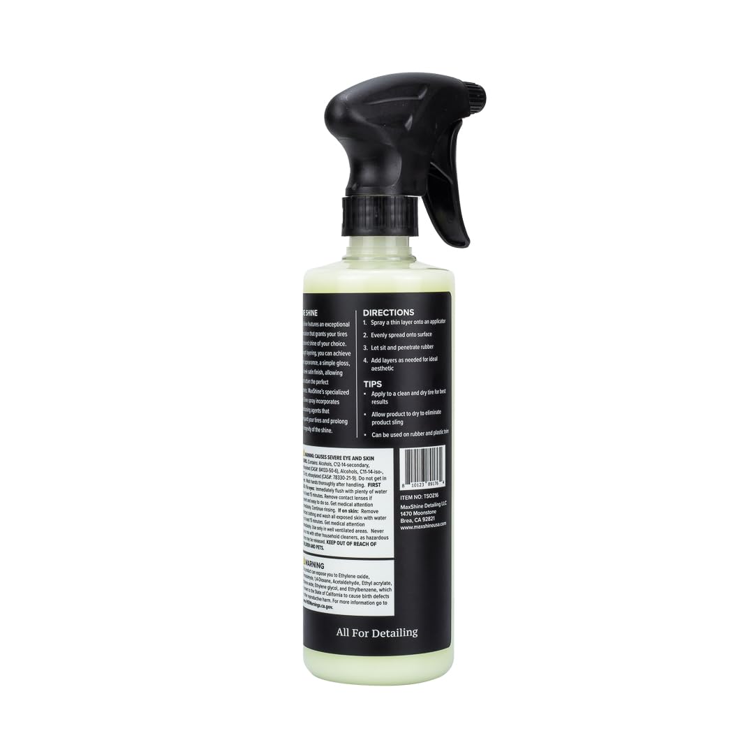 Tire Shine Maxshine 16oz | Acrylic Formula Tire Dressing with UV Protection | No-Sling, Dry-to-The-Touch Finish | Gloss Enhancer Nourishes Rubber & Protects Tires | Professional Car Detailing Supply
