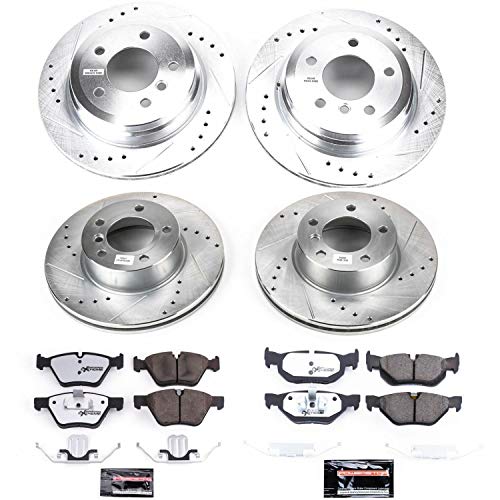 Power Stop K5357-26 Z26 Carbon Fiber Brake Pads Front and Rear with Drilled & Slotted Brake Rotors Kit and 1 Front & 1 Rear Sensor Wires For BMW 325xi 2006 [Model Specific]
