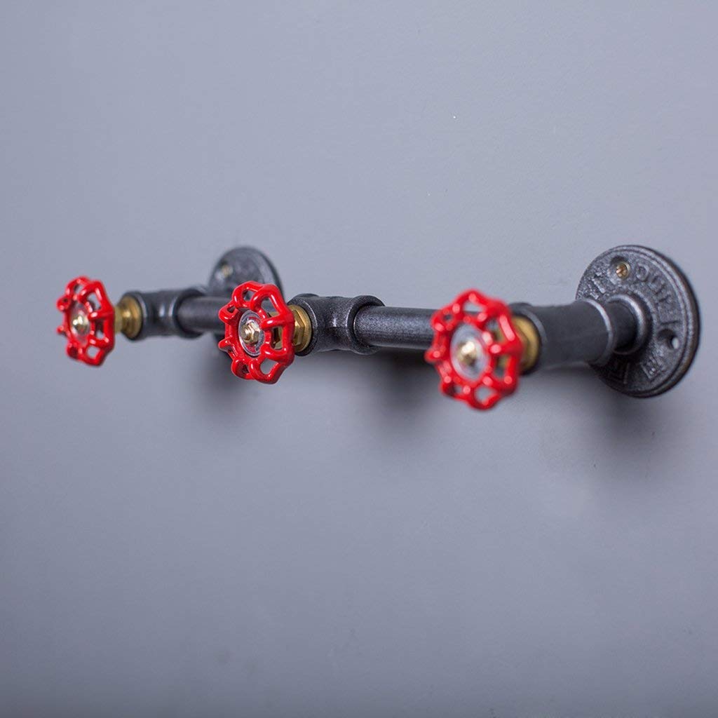 YIMJ Industrial Style Coat Rack Wall Mounted Water Pipe Hanger with 3 Red Valve Button Clothes Rack Hanging Cloth Bar