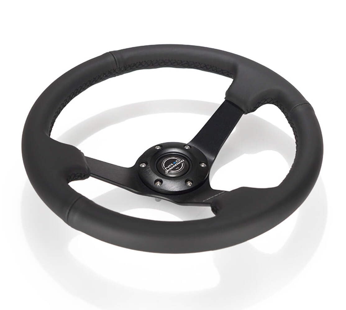 NRG Innovations Reinforced NRG-RST-033BK-R Steering Wheel 330mm Sport Leather Racing (3" Deep), Comfort Grip, 4mm Matte Black Spoke with Criss Cross Stitching