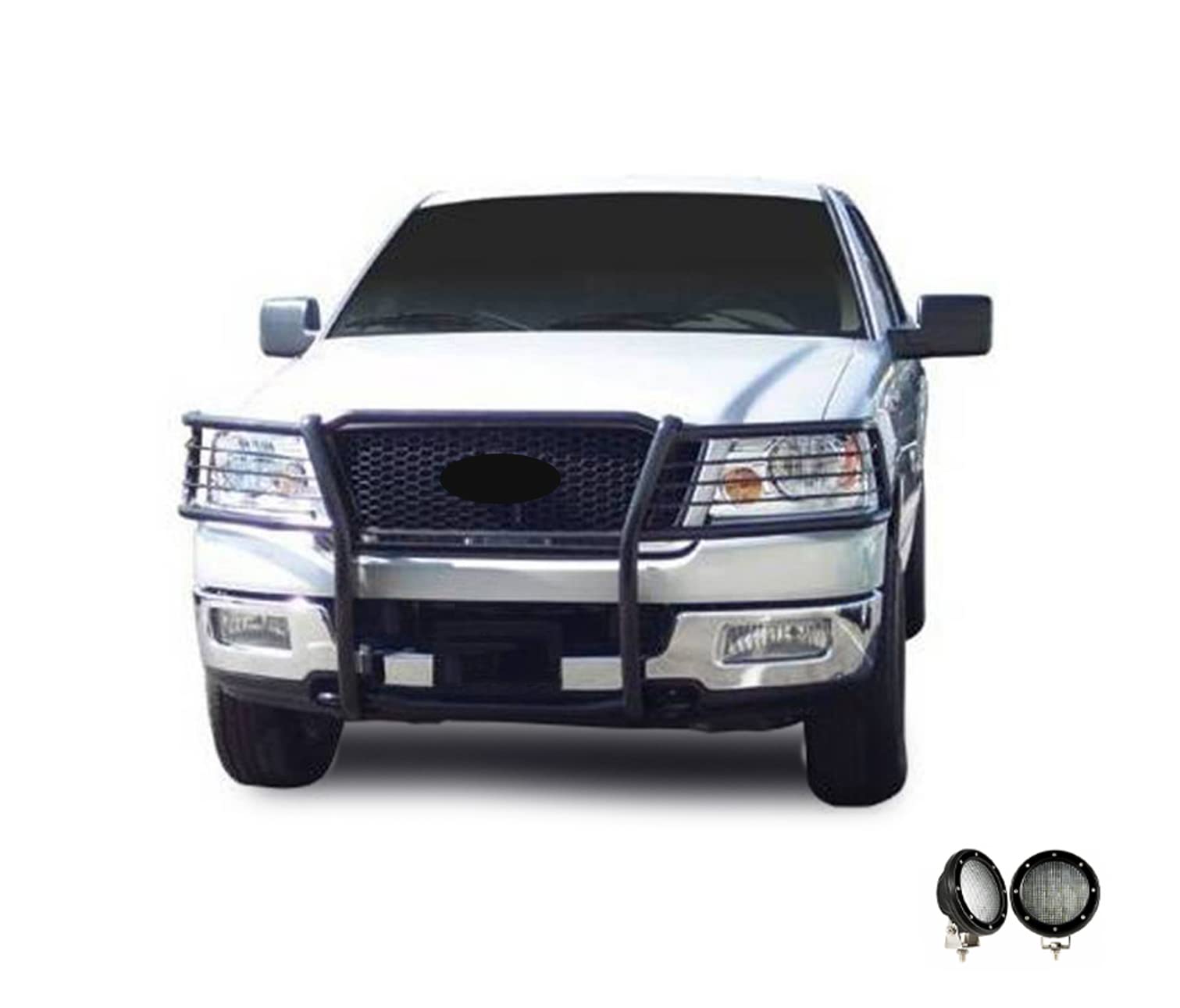 Bumper Guard Black Horse Grille Brush Modular Black Come with Pair of 5.3" Dia.LED Lights with Black Trim Rings Compatible with 2004-2008 Ford F-150-17FP28MA-PLFB