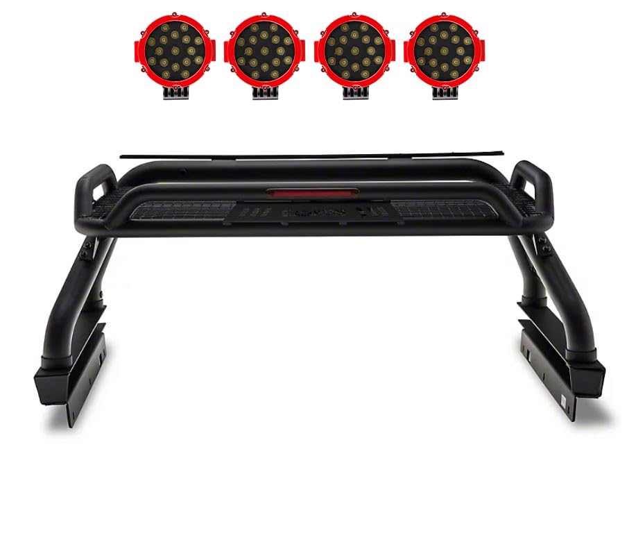 Atlas Black Horse Roll Bar Incl. Pair of 7.0" Dia. Led Lights w/Red Trim Rings Compatible with 2005-2024 Toyota Tacoma-ATRB6BK-PLR