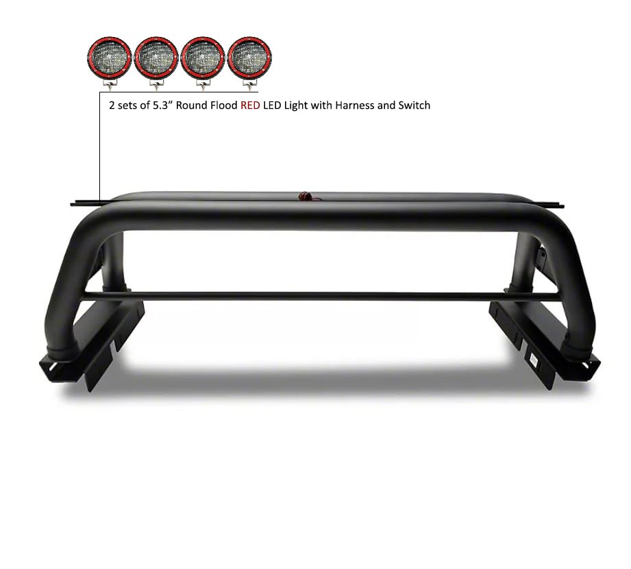Classic Black Horse Roll Bar Incl. Set of 5.3" Dia.Led Lights w/Red Trim Rings Compatible with 2005-2024 Toyota Tacoma-RB006BK-PLFR