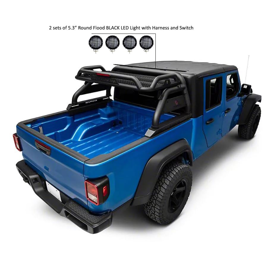 ATLAS Black Horse Roll Bar Incl. Set of 5.3"Dia.LED Lights w/Black Trim Rings Compatible with 2020-2024 Jeep Gladiator-ATRB9BK-PLFB