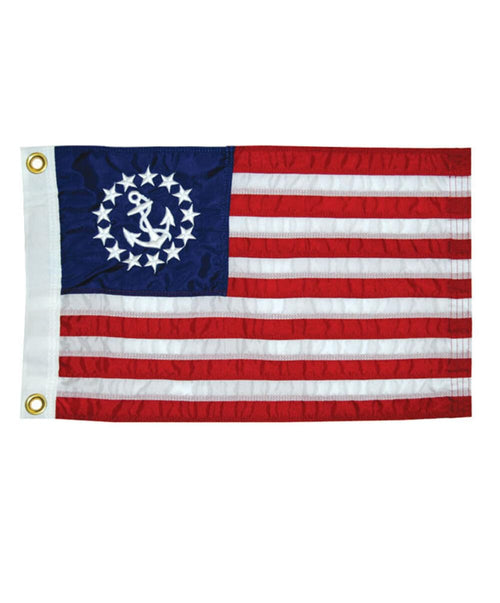 Sewn Taylor Made US Yacht Ensign Boat Flag, 20" x 30", American Red, White & Blue, Stars and Stripes, Marine Anchor Emblem, Embroidered Fade-Resistant Nylon Fabric, Brass Grommets - 8130