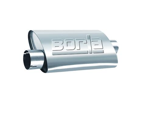 BORLA ProXS 40664 Muffler 2.25" Offset Inlet/ 2.25" Center Outlet, 4" x 9.5" Oval, 14" Long Body, 19" Overall Length. Universal Part. Reversible Design.