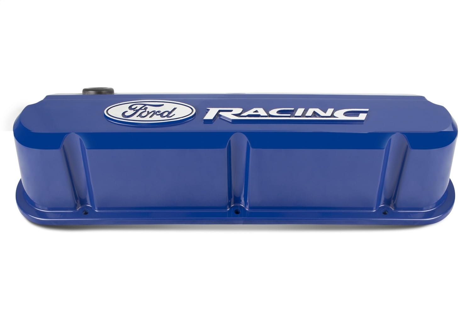 Ford Slant-Edge Valve Cover, Tall, Baffled, Breather Hole, Raised Ford Racing Logo, Aluminum, Blue Powder Coat