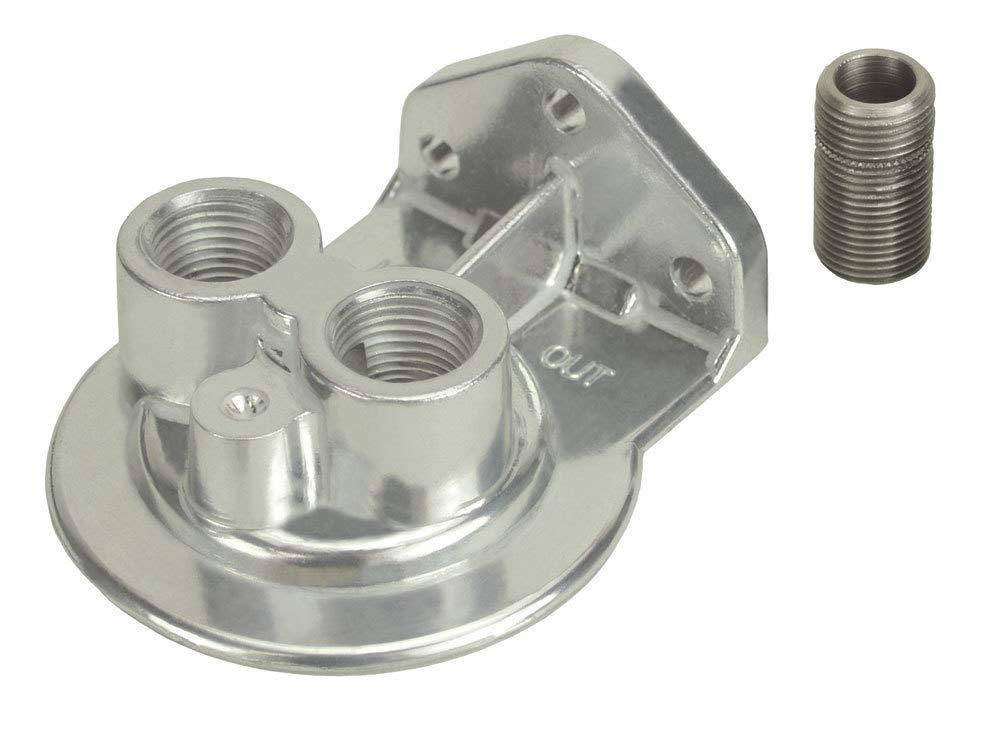 Oil Filter Mount Derale, Ports Up, 1/2 in NPT Female Ports, 3/4-16 in Center Thread, Aluminum, Polished, Universal, Each