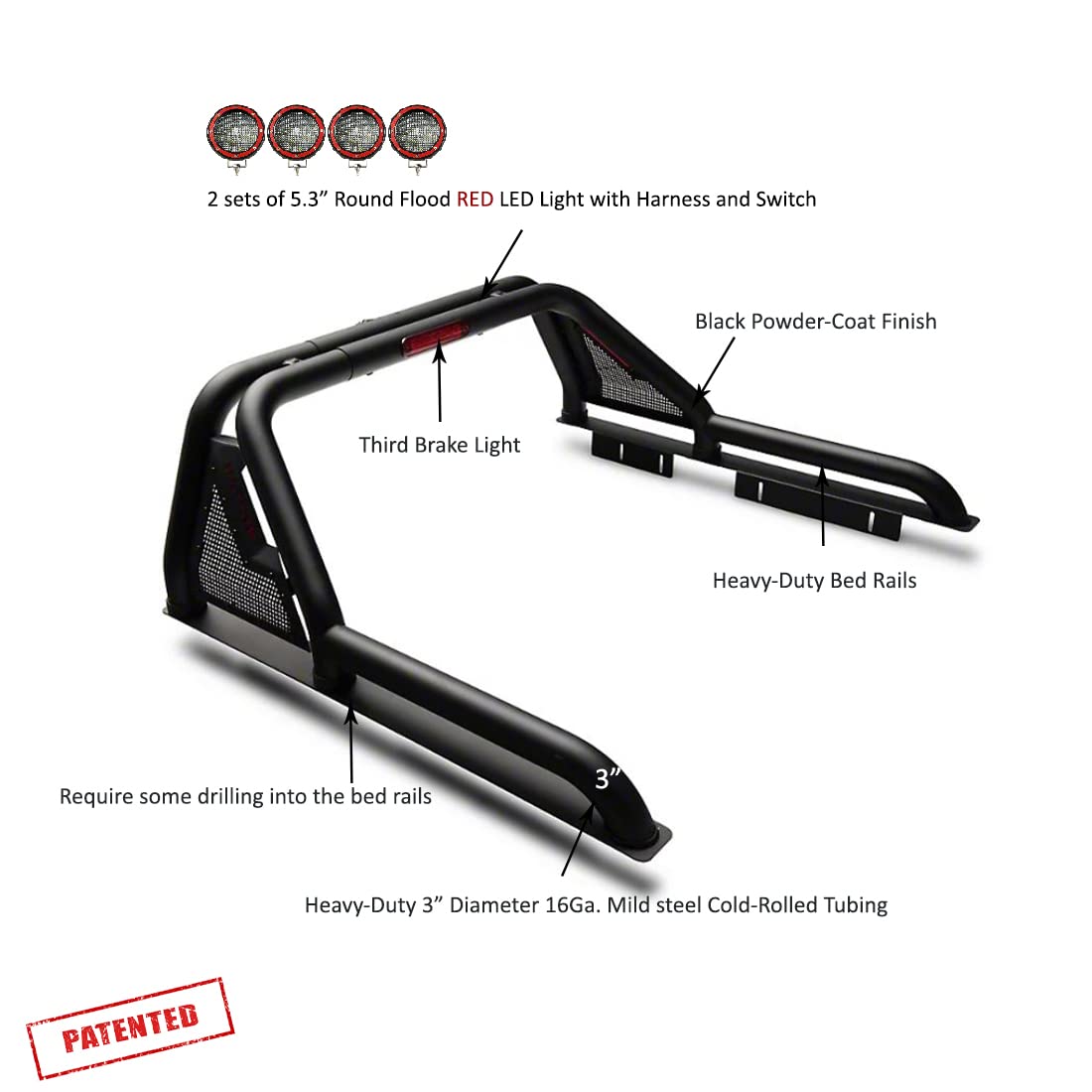 Gladiator Black Horse Roll Bar Incl. Set of 5.3" Dia.Led Lights w/Red Trim Rings Modular Compatible with 2015-2024 GMC Canyon|2015-2024 Chevrolet Colorado|2015-2024 Toyota Tacoma-GLRB-03B-PLFR