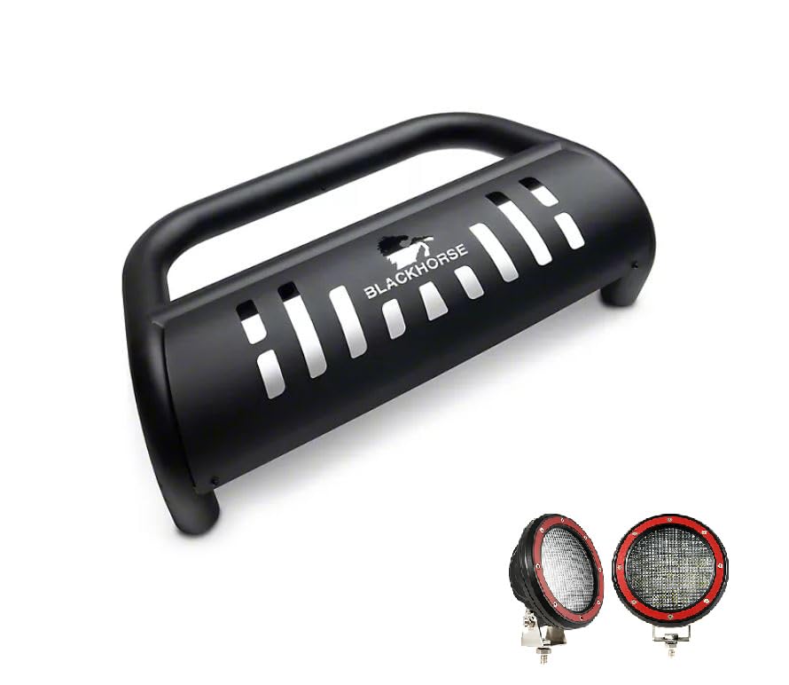Bull Bar Black Horse Incl. Pair of 5.3" Dia.LED Lights w/Red Trim Rings Compatible with 2019-2024 Ram 1500-BBDG112A-SP-PLFR