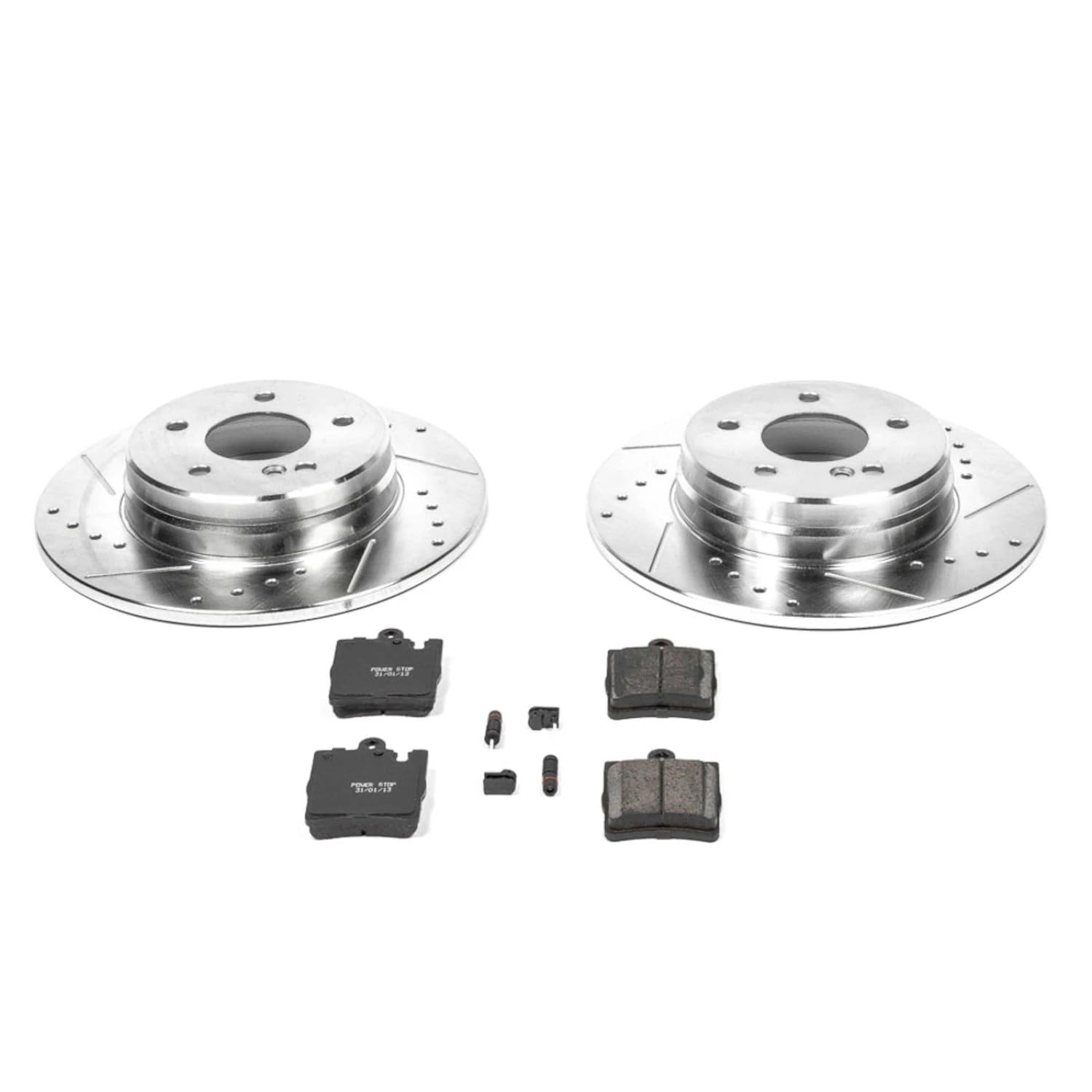 Power Stop K627 Rear Brake Pads Z23 Carbon Fiber with Drilled & Slotted Brake Rotors Kit For Mercedes-Benz E430 2001-2002 [Model Specific]