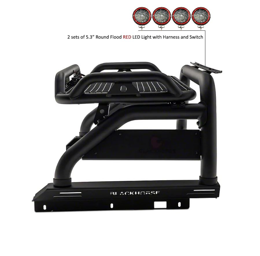 Atlas Black Horse Roll Bar Incl. Set of 5.3" Dia.LED Lights w/Red Trim Rings Compatible with 2015-2024 Chevrolet Colorado|2015-2024 GMC Canyon-ATRB5BK-PLFR