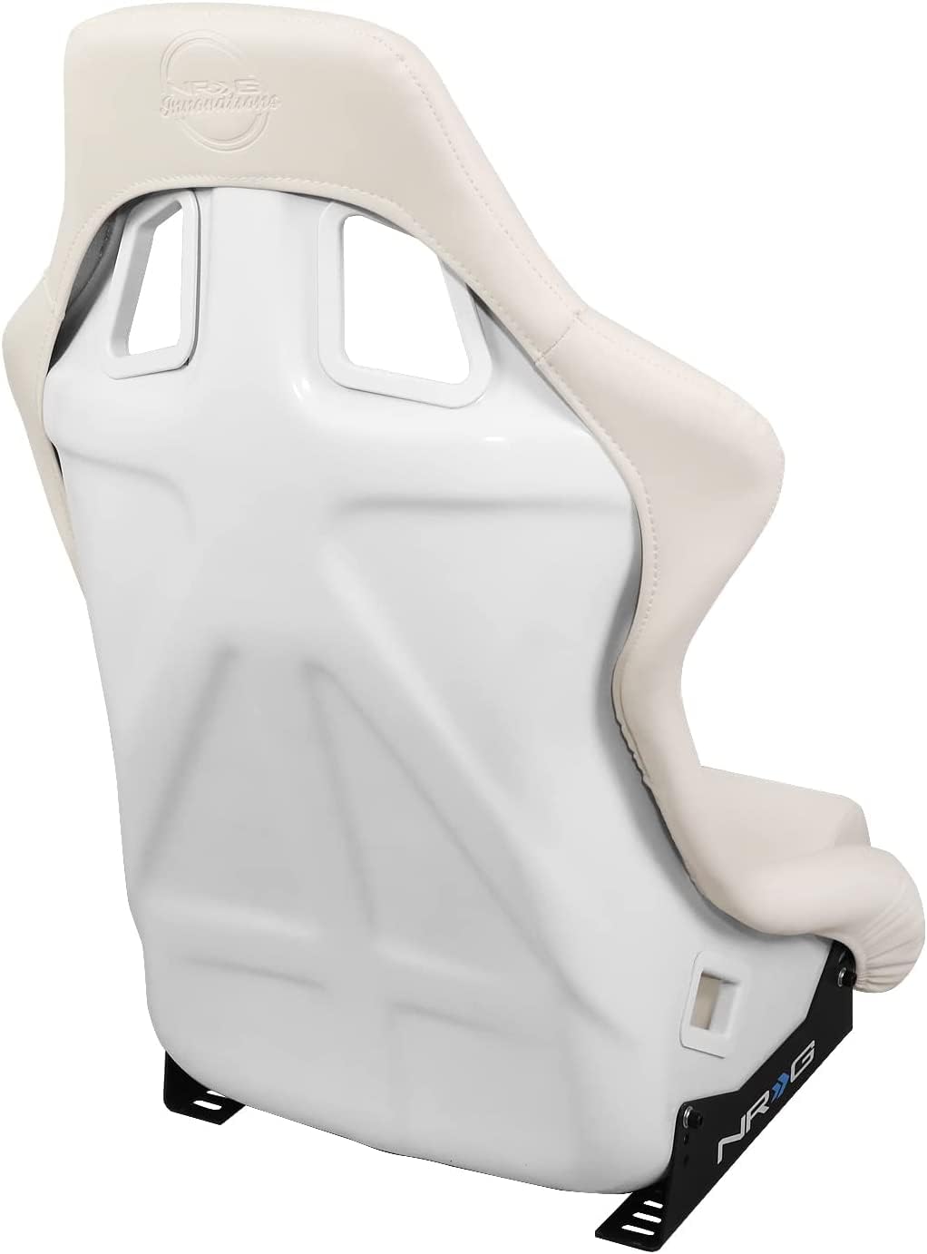 NRG Innovations Universal Vinyl Fixed Back Bucket Racing Seat FRP-302WT-V with Bottom Mount Bracket(Large), White Seat Cover, 21"W X 18" D X 36" H