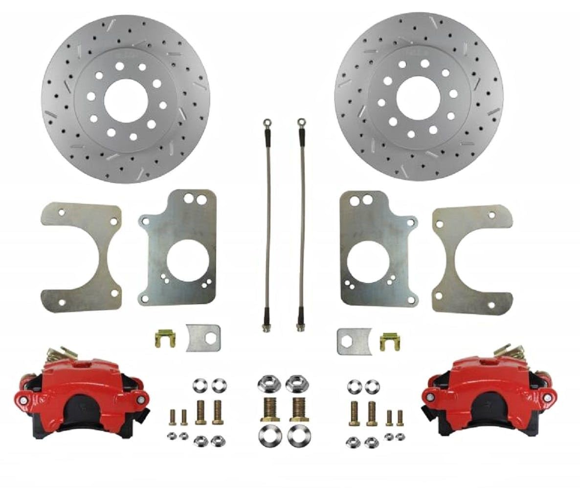 Rear Disc Brake Conversion Kit Leed Brakes - Gm 10 Bolt Axles With 3 Bolt Flange - Red Calipers And Maxgrip Xds
