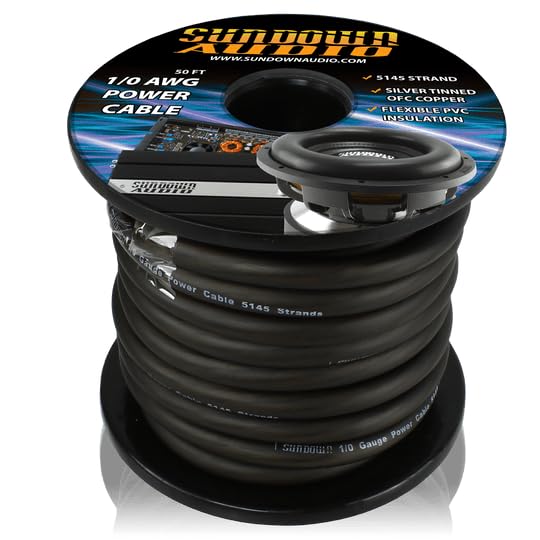 Sundown Audio 1/0 AWG Power Cable CBL-1/0B50 – 50FT Spool, Black Tinned OFC Copper, 5145 Strands, Ultra-Flexible PVC – High Current Car Audio Amplifier & Subwoofer Wire (Black)