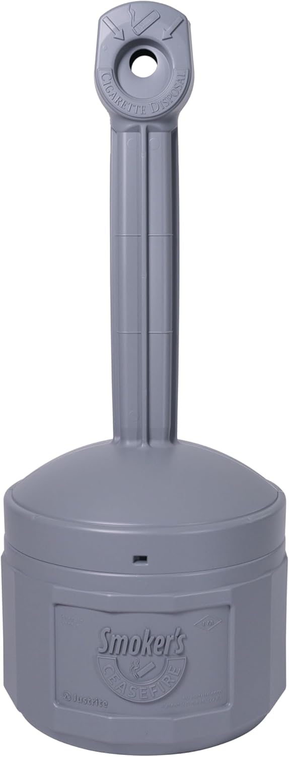 Justrite, Outdoor Smoker’s Cease-Fire Original Ashtray, Polyethylene Standing Ashtray with Steel Bucket, 4 Gallon, Grey, 26800