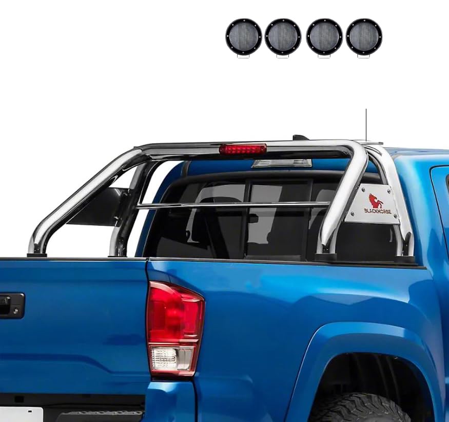 Classic Black Horse Roll Bar Incl. Set of 5.3" Dia.LED Lights w/Black Trim Rings Stainless Steel Compatible with 2017-2022 Nissan Titan|2011-2022 Ram 3500|2011-2022 Ram 2500|2007-2024 Toyota Tundra