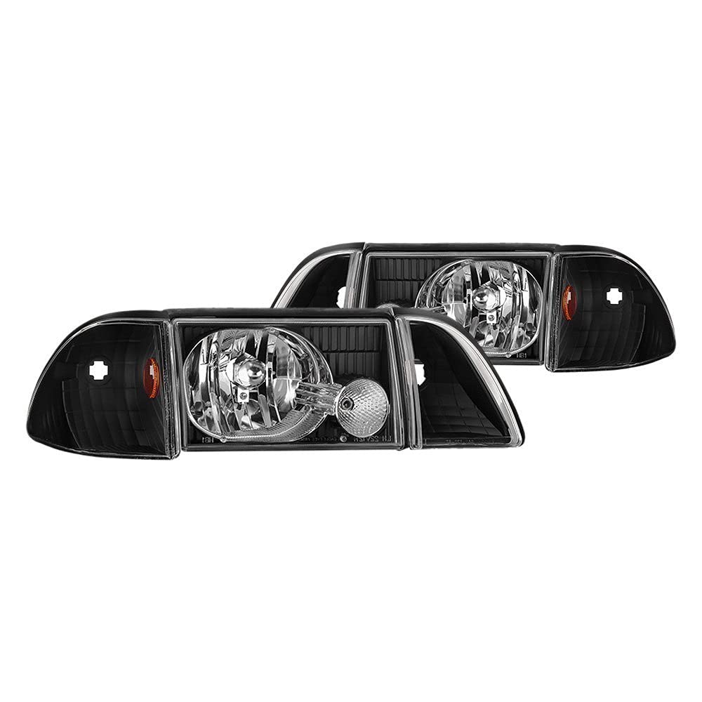 Xtune HD-JH-FM87-6PC-AM-BK Headlight (87-93 Ford Mustang OEM style s with Corner Parking Lights 6pcs Amber - Black)
