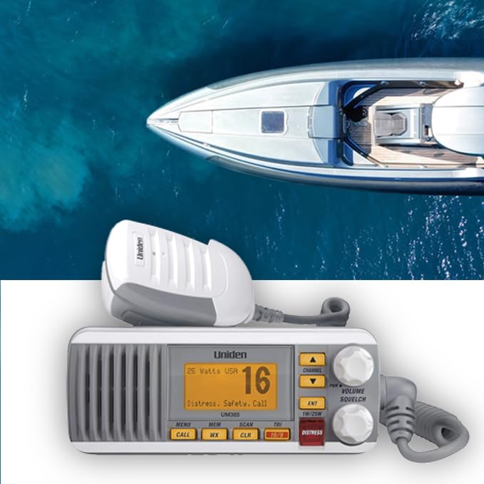 25 Watt Uniden UM385 Fixed Mount Marine Vhf Radio, Waterproof IPX4 with Triple Watch, Dsc, Emergency/Noaa Weather Alert, All Usa/International/Canadian Marine Channels, Memory Channel Scan, White