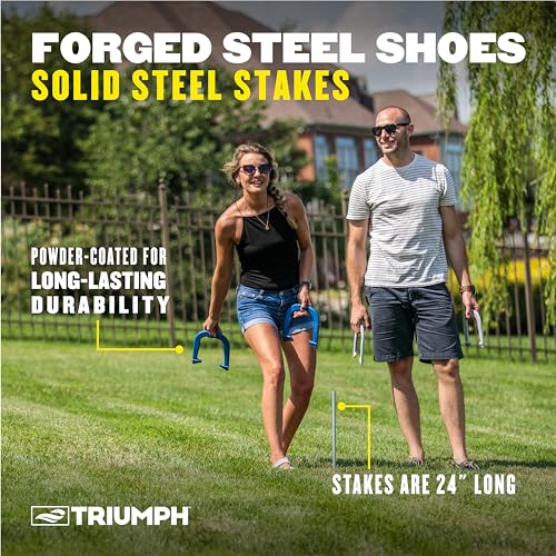 Triumph Premium Forged Horseshoe Set Triumph Complete with 4 Horseshoes, 2 Stakes and Hard Plastic Case with Locking Tabs for Transportation and Storage