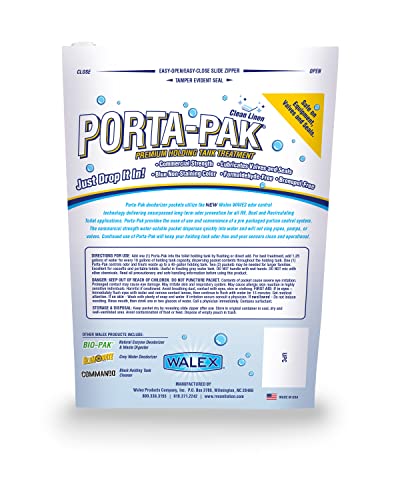 Walex Black Porta-Pak Holding Tank Deodorizer & Portion Control System Drop-Ins - Rapid Breakdown of Waste & Paper, Odor Prevention, Cleans Tank & Sensors - Clean Linen, 10-Pack