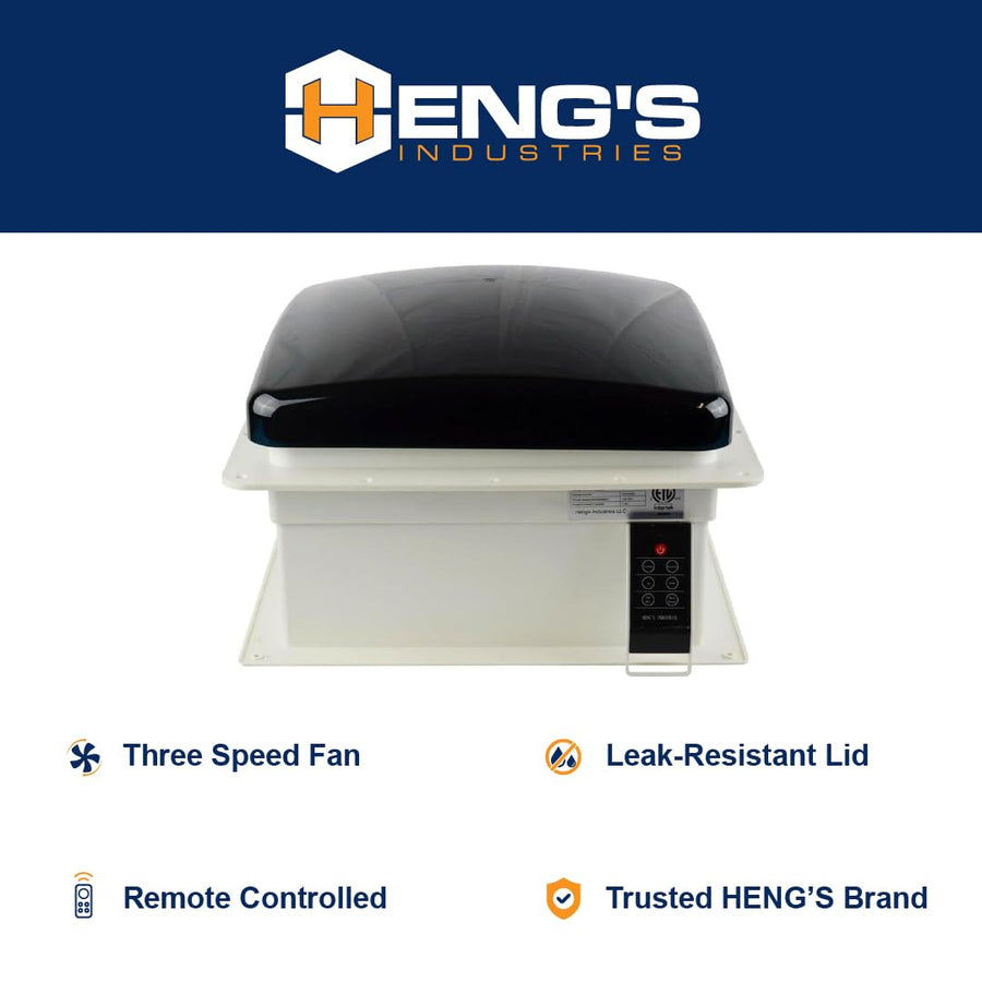 Zephyr HENG'S INDUSTRIES RV 14" Roof Vent Fan | Smoke Lid | Remote Powered | White Screen Frame, Collar, & 6" Square Garnish | SV4113-G4/74113V-G4