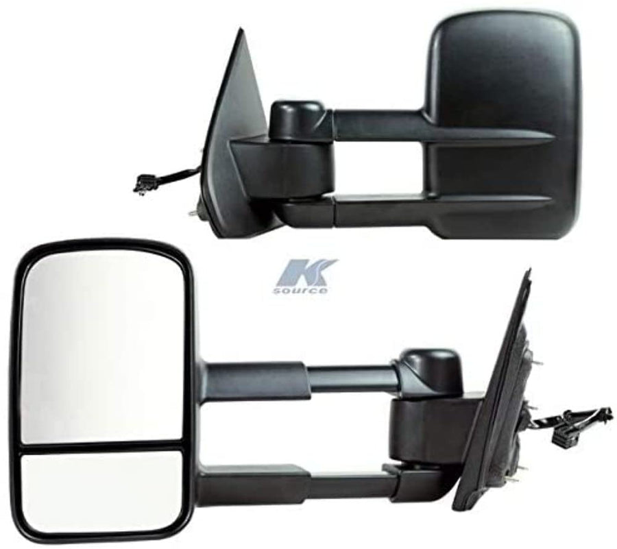 K Source Towing Mirror Extendable Pair For 2014-2019 Silverado/Sierra Pick-Up Full Size. 1st Design, Textured Black, Heated Power, Dual Lens, Foldaway