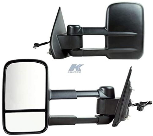 K Source Towing Mirror Extendable Pair For 2014-2019 Silverado/Sierra Pick-Up Full Size. 1st Design, Textured Black, Heated Power, Dual Lens, Foldaway