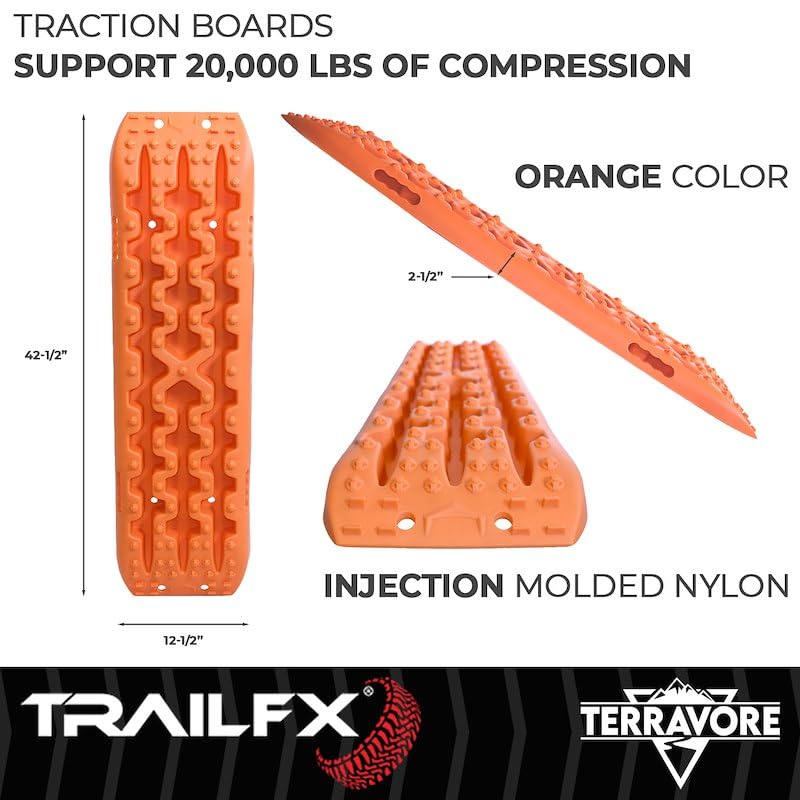 Terravore Trailfx Traction Mat Set of 2 Mats 42.5 Inch x 12.5 Inch x 2.5 Inch, Orange, Injection Molded Reinforced Nylon Supports 20,000 lbs Compression, UV Protected TBOR01