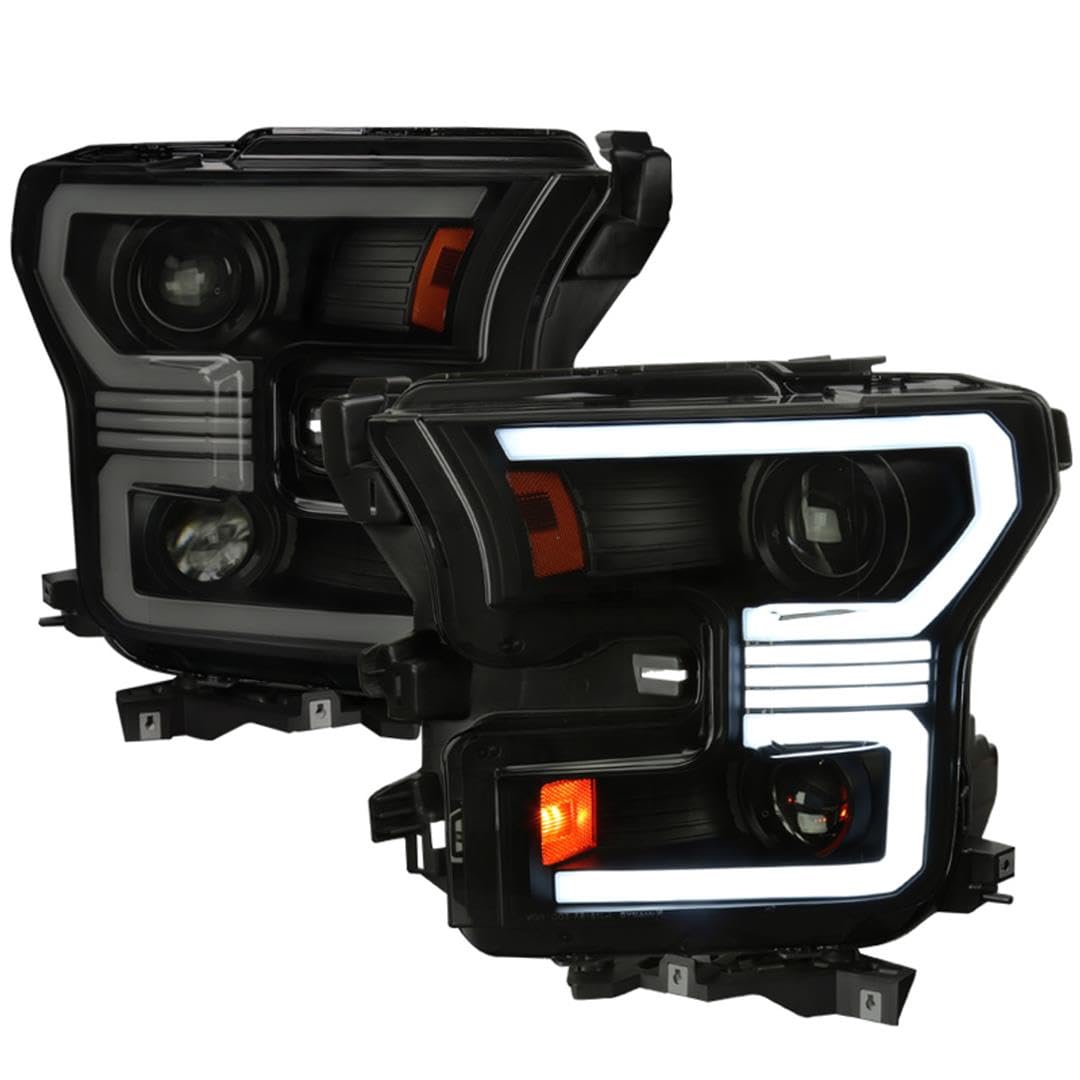 Dual Projector Headlights SPEC-D TUNING Black Smoke w/Switchback Sequential LED Tube Signal Compatible with 2015-2017 Ford F150 Left + Right Pair Headlamps Assembly