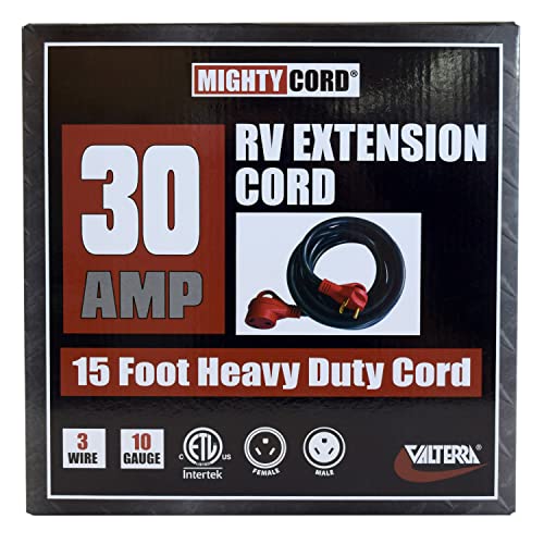 30-Amp Valterra Mighty Cord RV Extension Cord, 15-Foot Power Extension Cord, Red