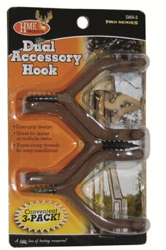 Dual-Prong HME Accessory Rubber-Coated Hook Holder | Doubles as a Quiver Holder | Super Sharp Tip Easily Screws into Tree, 3 Pack (Bister)