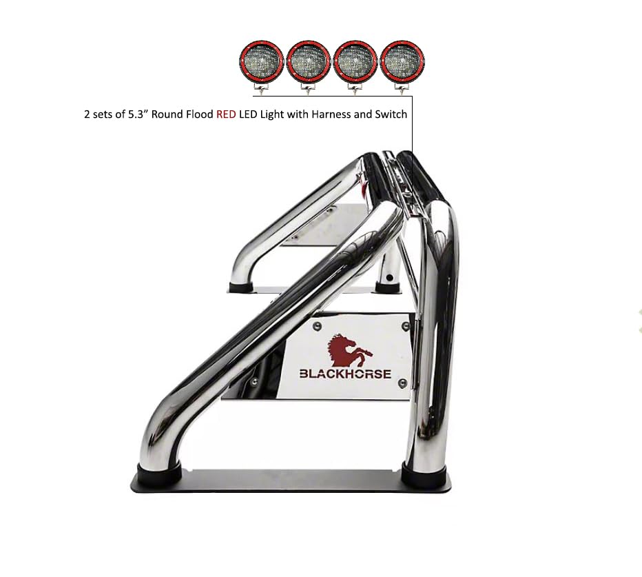 Classic Black Horse Roll Bar Incl. Set of 5.3" Dia.led Lights w/Red Trim Rings Stainless Steel Compatible with 2017-2022 Titan|2000-2010 Dodge Ram 3500|2011-2022 Ram 3500/Ram 2500|2007-2024 Tundra