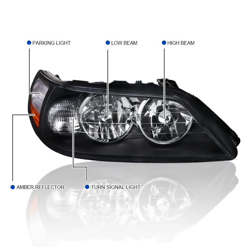 Black Headlights SPEC-D TUNING Compatible with 2005-2011 Lincoln Town Car, Left + Right Pair Headlamp Assembly