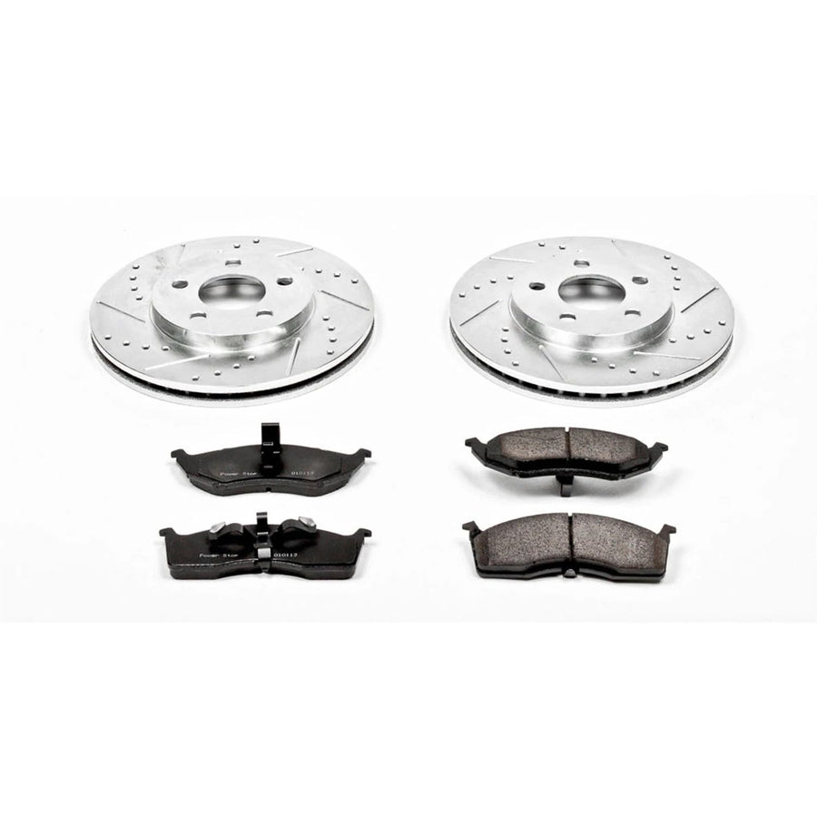 Power Stop K3143 Z23 Carbon Fiber Brake Pads with Drilled & Slotted Brake Rotors Kit For Dodge Neon 2000-2005, Plymouth Neon 2000-2001 [Model Specific]