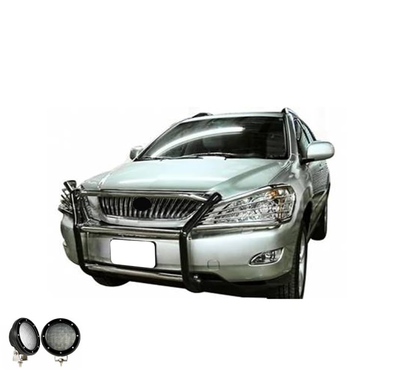 Grille Brush Black Horse Bumper Guard Modular Stainless Steel Come with Pair of 5.3" Dia.LED Lights with Black Trim Rings Compatible with 2004-2006 Lexus RX330|2007-2009 Lexus RX350-17G80330MSS-PLFB