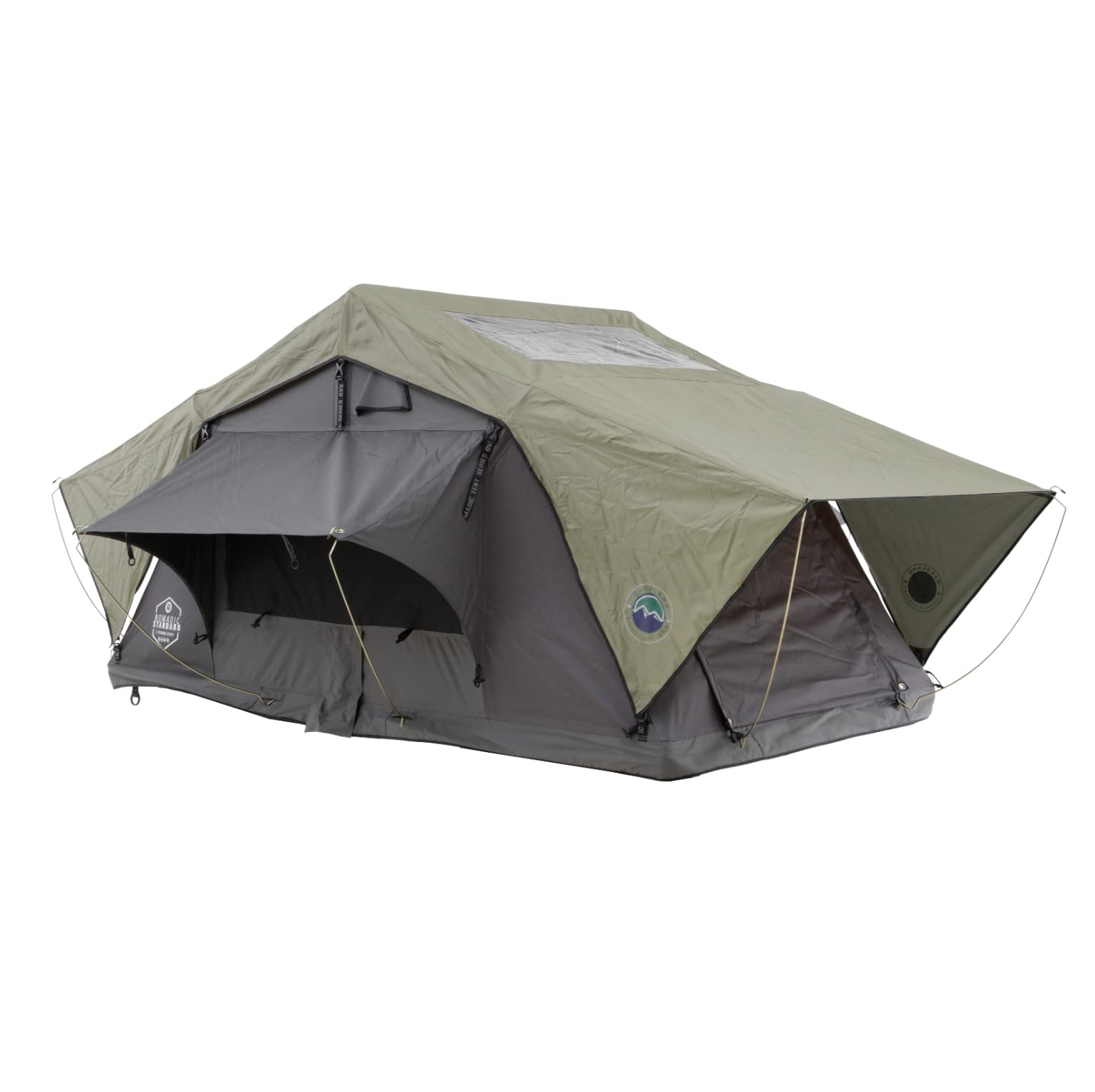 Overland Vehicle Systems Nomadic 2 Standard HD Soft Shell Roof Top Tent - Dark Gray Base with Green Rain Fly & Black 1000G PVC Travel Cover - Black Aluminum Base