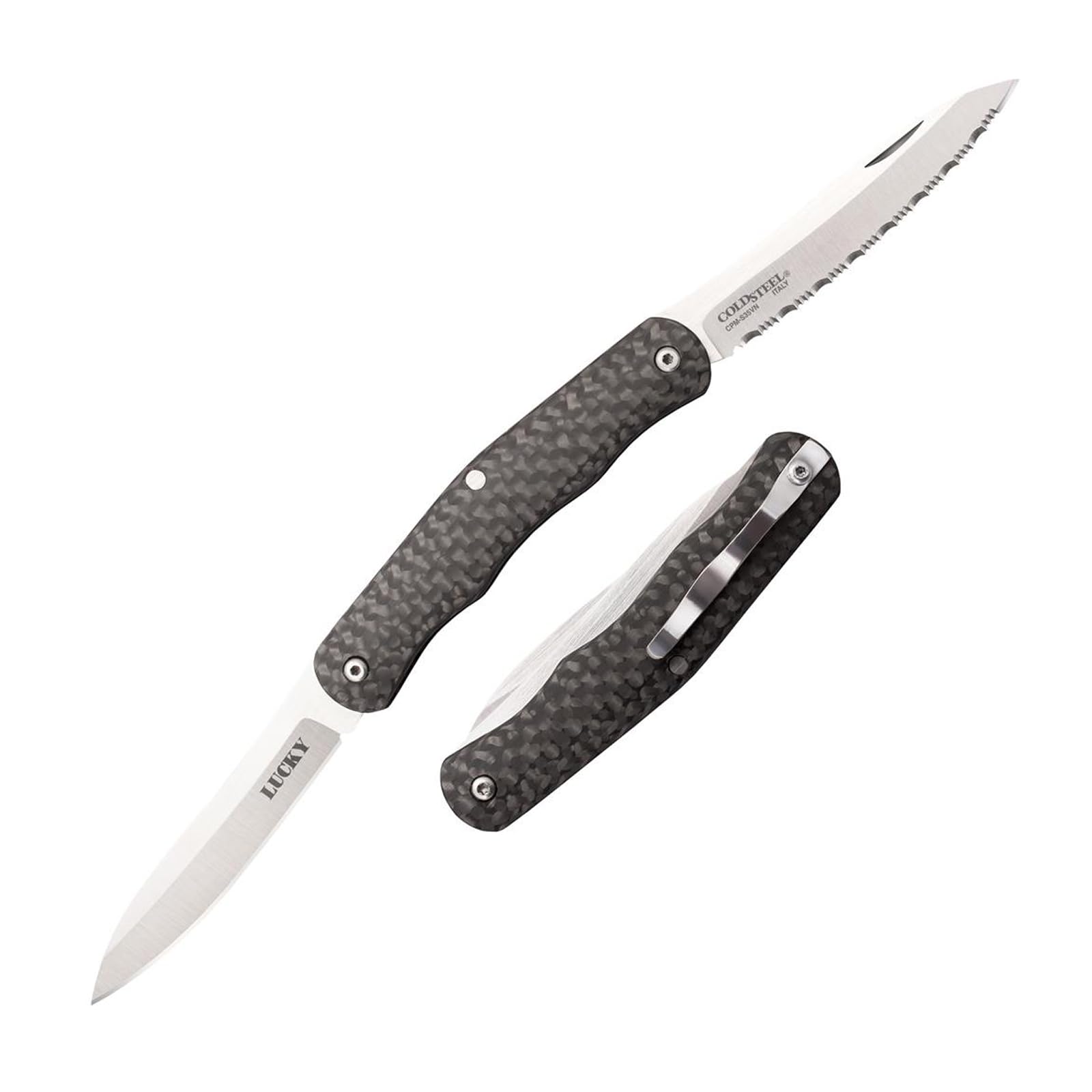 Lucky COLD STEEL Twin 2.625" S35VN Blades 3.25" Carbon Fiber Handle Everyday Carry Compact Pocket Folding Knife w/Slip Joint Lock