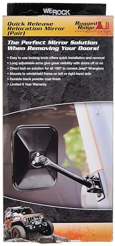 Quick Release Mirror Kit, Rugged Ridge Rectangular, Black | 11025.12 | Fits 1997-2018 Jeep Wrangler TJ/JK