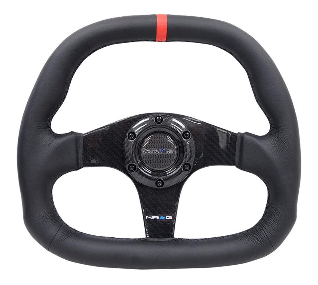NRG Innovations Carbon Fiber Steering Wheel NRG-ST-019CF-R 320MM BLACK Carbon Fiber Center with Black Stitch RED Center Mark FLAT BOTTOM
