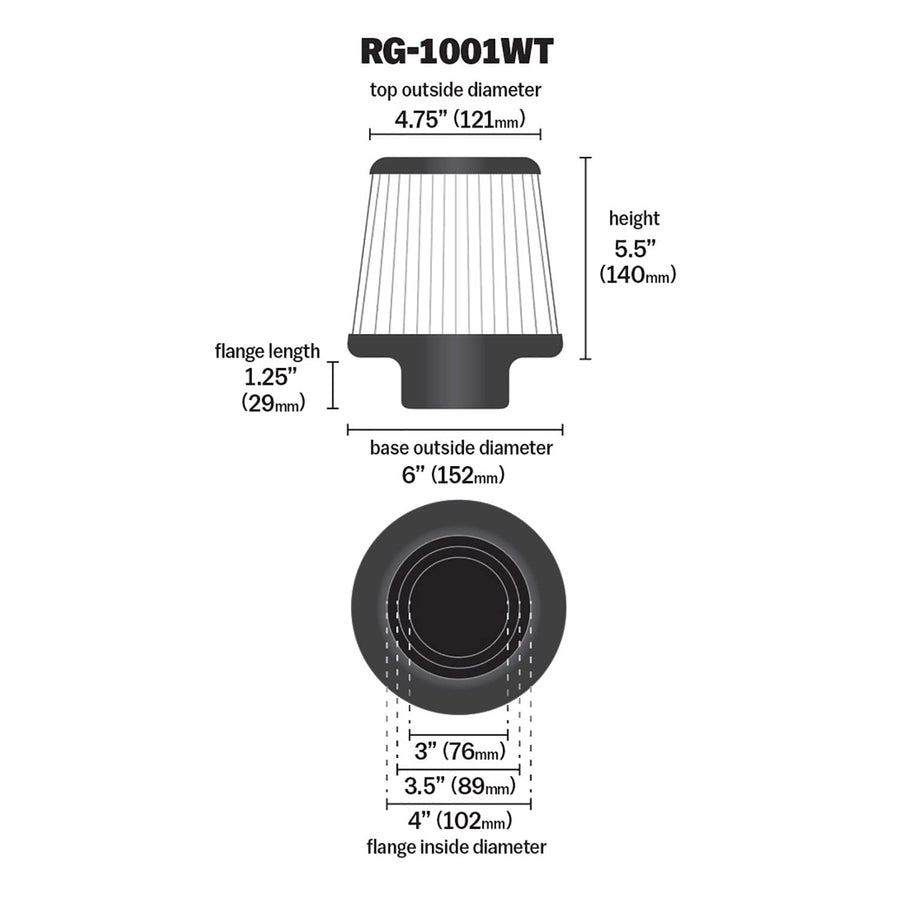 High-Flow K&N Original Lifetime Universal Clamp-On Air Filter: Performance, Premium, Washable: Flange Diameter: 4 In, Filter Height: 5.5 In, Flange Length: 1.125 In, Shape: Round Tapered, RG-1001WT