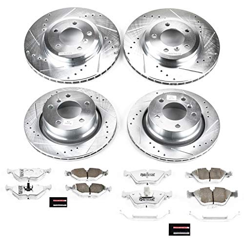 Power Stop Z26 Carbon Fiber Brake Pads with Drilled & Slotted Brake Rotors Kit Front and Rear and 1 Front & 1 Rear Sensor Wires For BMW Z4 2006-2008 [Model Specific]