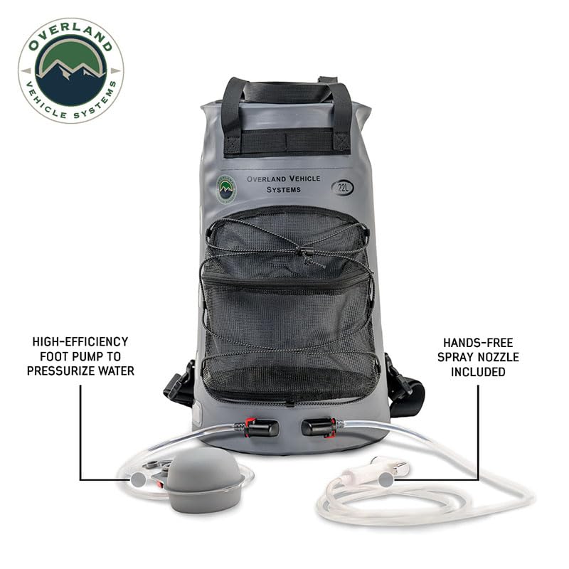 Portable Camp Shower - Overland Vehicle Systems 23 QT, Foot Pump, Knozzle & Accessories