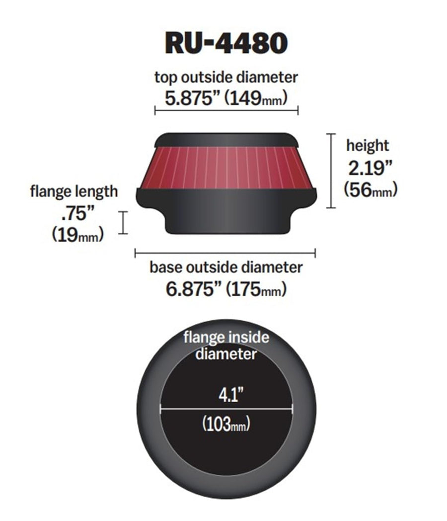 High-Flow K&N Original Lifetime Universal Clamp-On Filter: Performance, Premium, Washable: Flange Diameter: 4.06 In, Filter Height: 2.19 In, Flange Length: 0.75 In, Shape: Tapered Conical, RU-4480