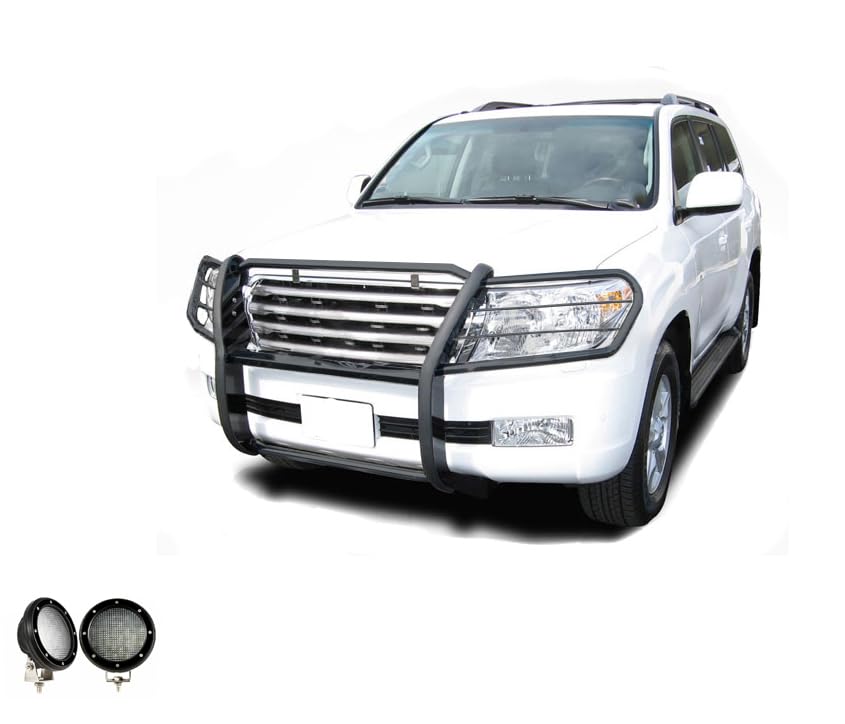 Black Horse Grille Brush Modular Bumper Guard Black Come with Pair of 5.3" Dia.LED Lights with Black Trim Rings Compatible with 1998-2007 Toyota Land Cruiser-17SG598MA-PLFB