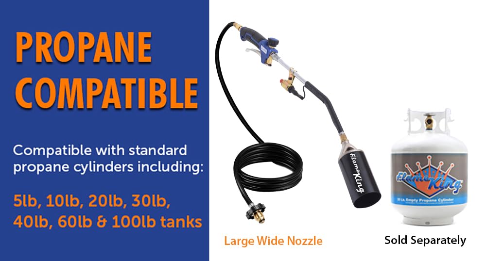 Flame King Heavy Duty Propane Torch Kit Weed Burner, 340,000 BTU with Piezo Igniter (Self Igniting), with 10-ft Hose for Weed Burning, Melting Ice and Snow, and Roofing