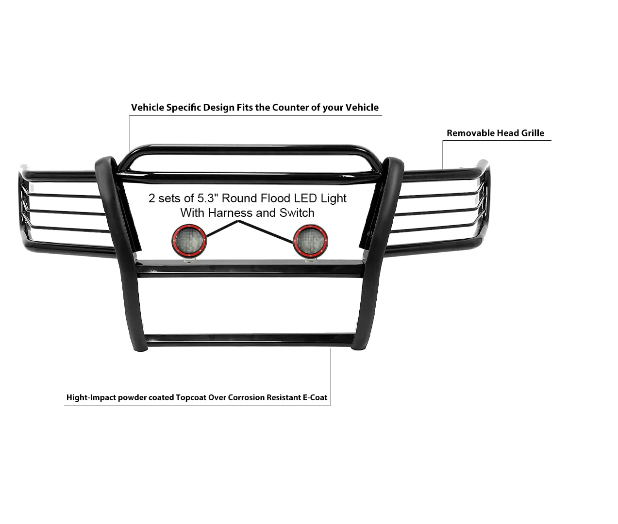 Bumper Guard Black Horse Grille Brush Modular Black Come with Pair of 5.3" Dia.LED Lights with Red Trim Rings Compatible with 1999-2004 Jeep Grand Cherokee-17EB26MA-PLFR