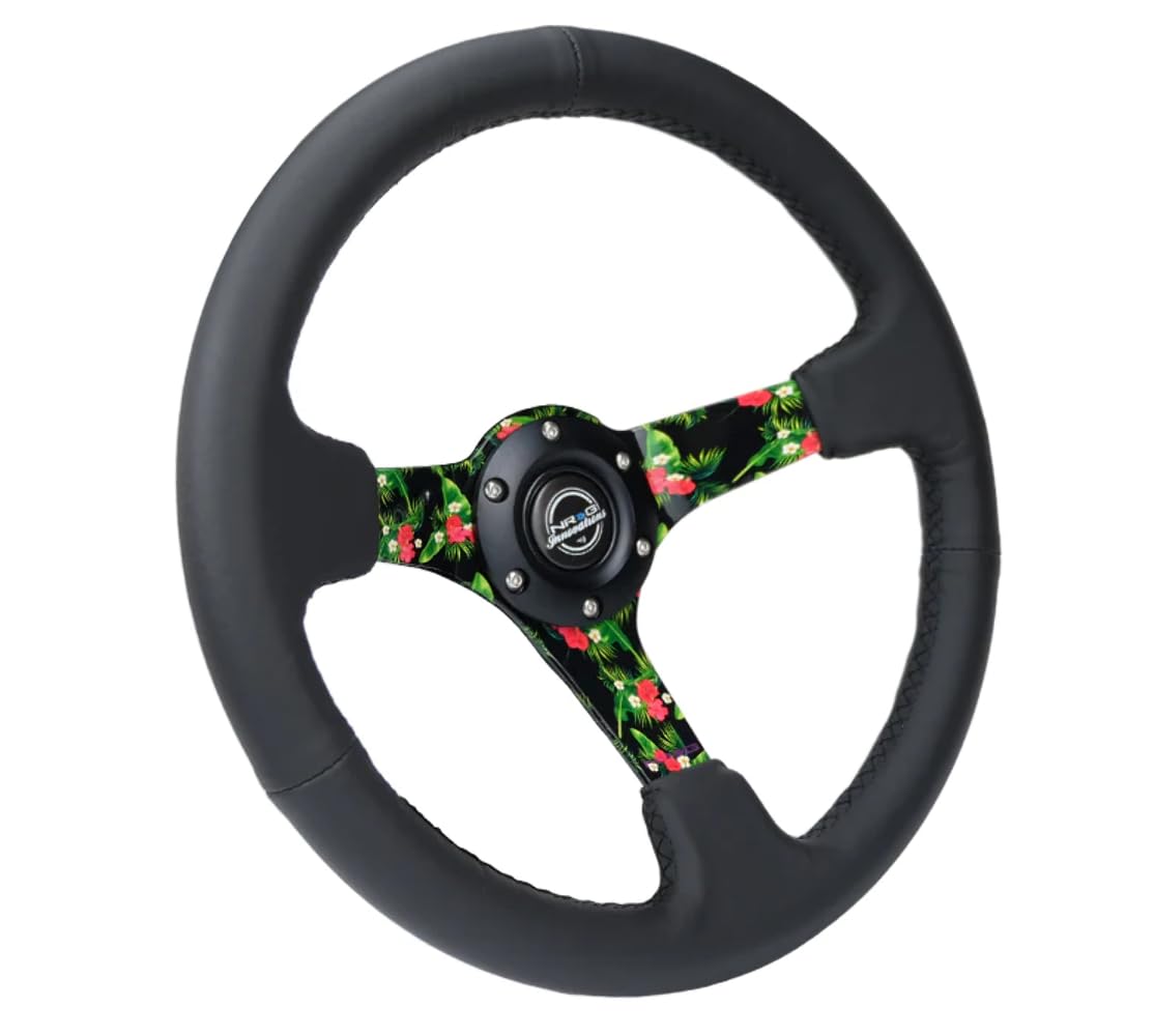 NRG Innovations Reinforced NRG-RST-036TROP-R Steering Wheel 3" Deep, 5mm Matte Black Spoke, 350mm Black Leather with Black Criss Cross Stitching and Yellow Center Mark