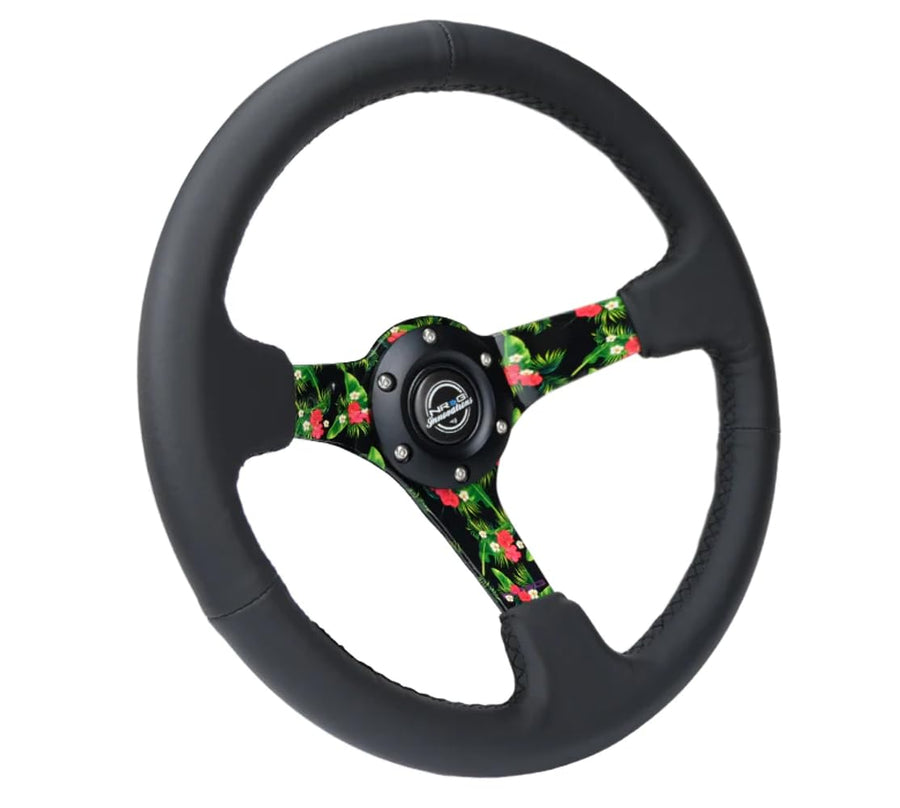 NRG Innovations Reinforced NRG-RST-036TROP-R Steering Wheel 3" Deep, 5mm Matte Black Spoke, 350mm Black Leather with Black Criss Cross Stitching and Yellow Center Mark