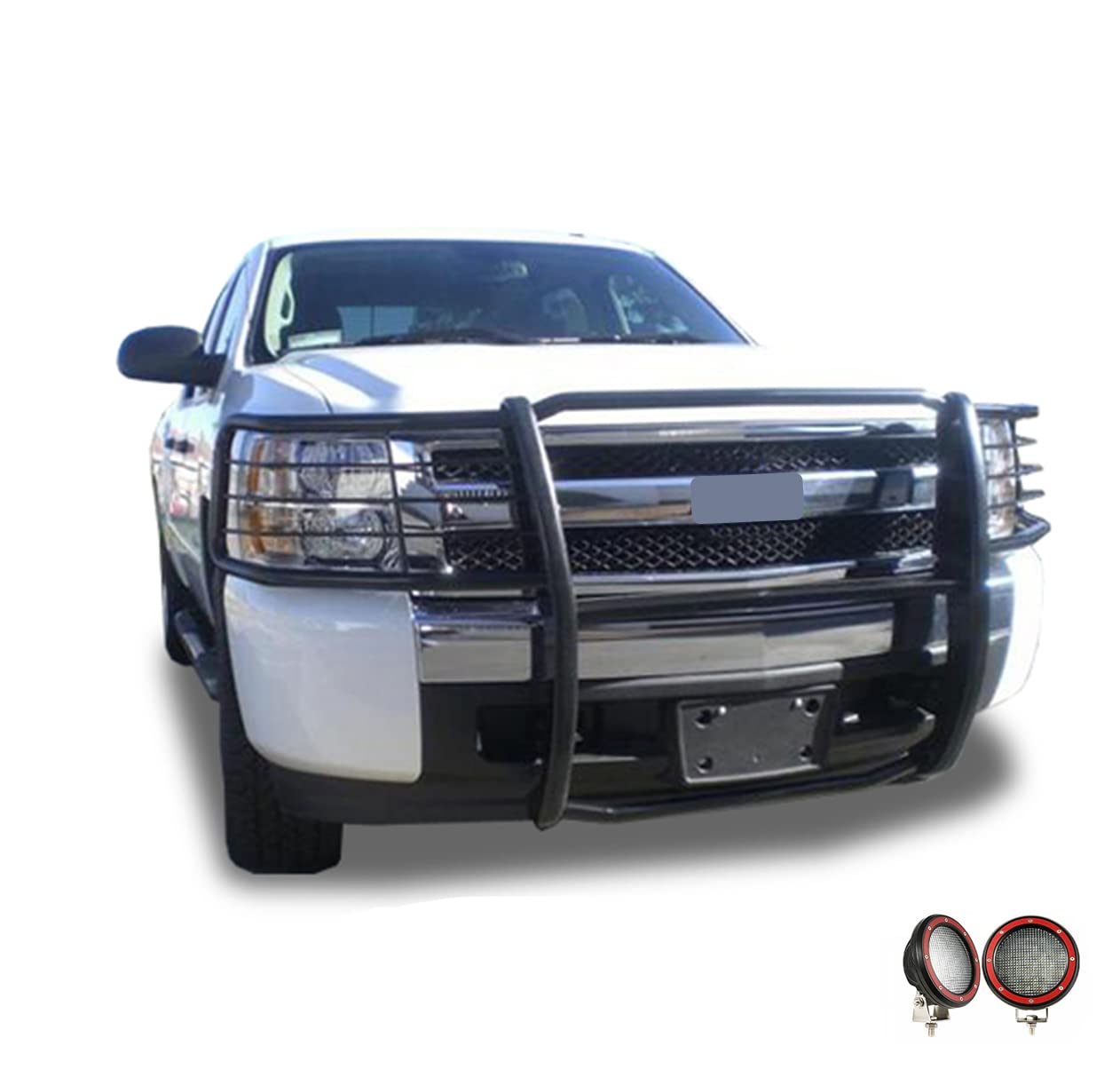 Bumper Guard Black Horse Grille Brush Modular Black Come with Pair of 5.3" Dia.LED Lights with Red Trim Rings Compatible with 2007-2013 Chevrolet Silverado 1500-17A035700A2MA-PLFR